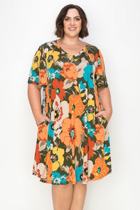 Beautiful Vibrant Orange Teal Floral Dress