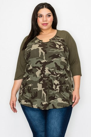 PSFU Camo Ribbed Material Horseshoe Neck Shirt Top
