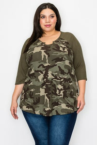 PSFU Camo Ribbed Material Horseshoe Neck Shirt Top