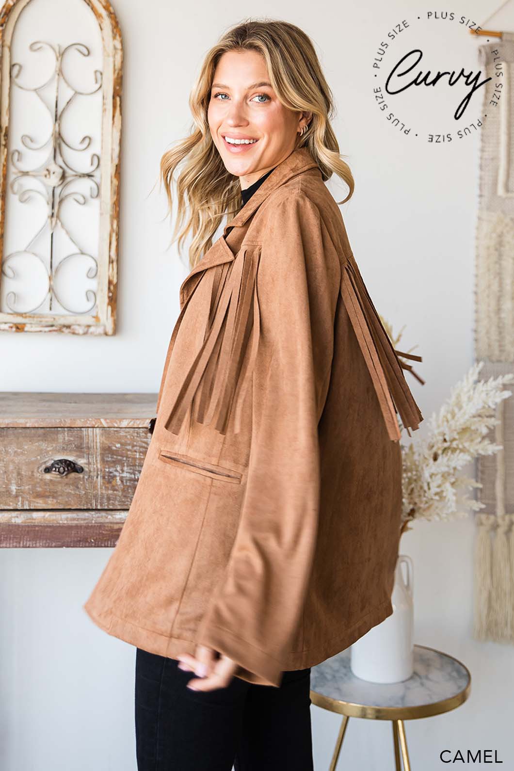 Camel Faux Suede Tailor Jacket With Fringe Details