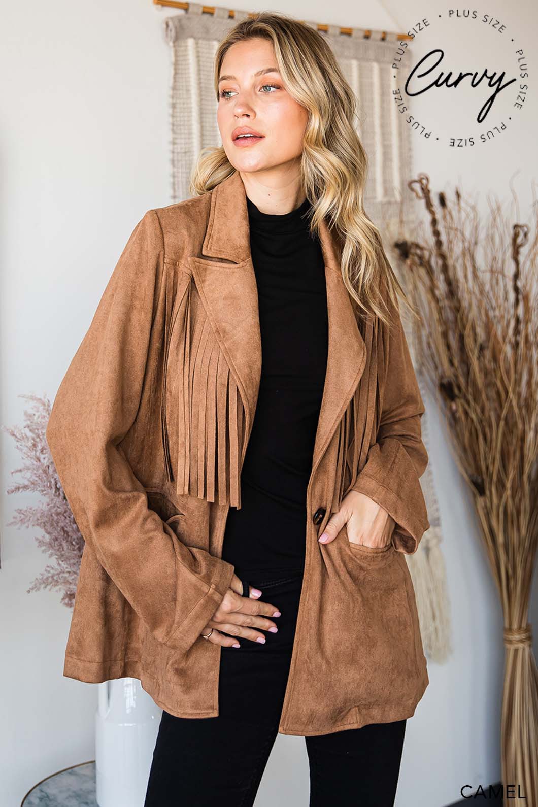 Camel Faux Suede Tailor Jacket With Fringe Details