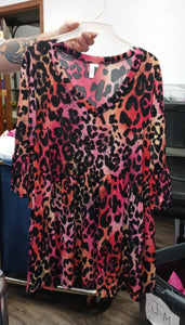 Pink Orange Leopard V Neck Shirt Top