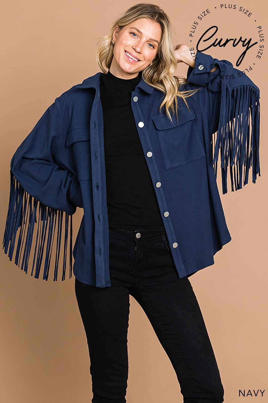 Navy Warm Brushed Terry Fringe Detail Shacket Jacket