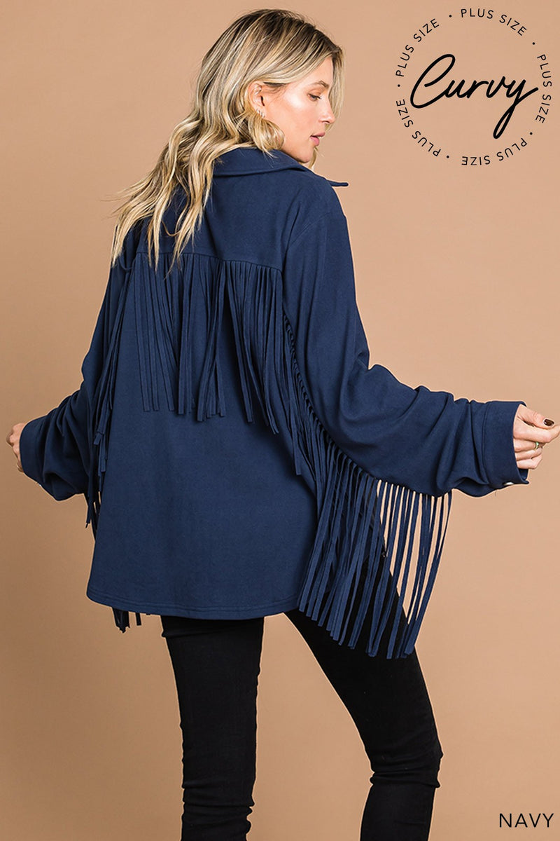 Navy Warm Brushed Terry Fringe Detail Shacket Jacket – Plus Size For Us