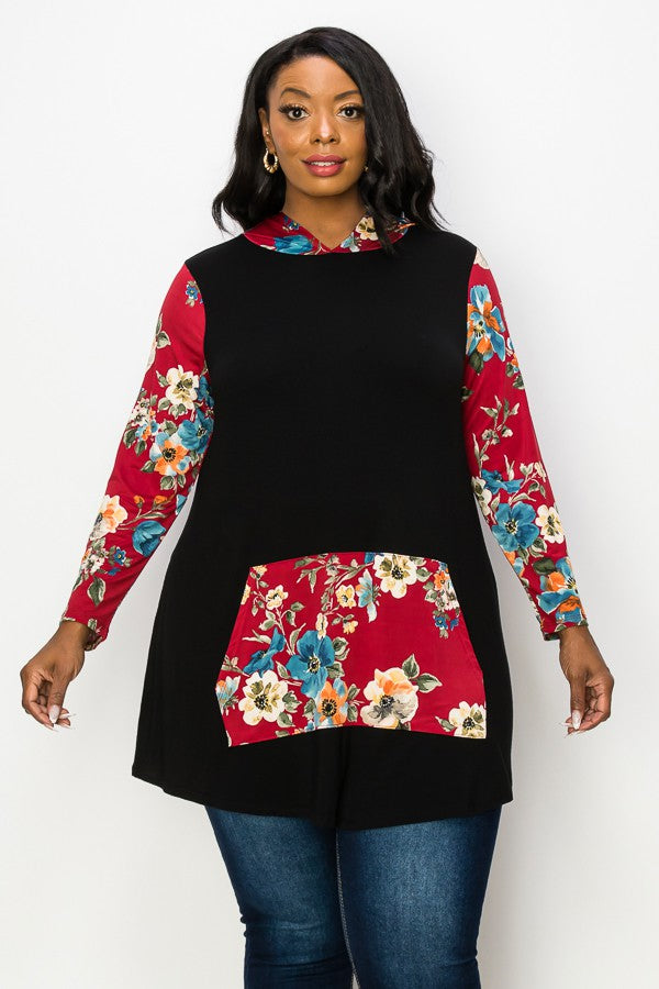 PSFU Black Red Floral Sleeves Kangaroo Pocket Hoodie