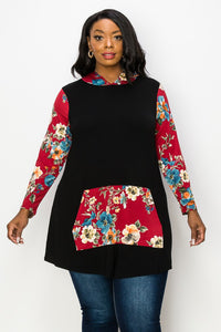PSFU Black Red Floral Sleeves Kangaroo Pocket Hoodie