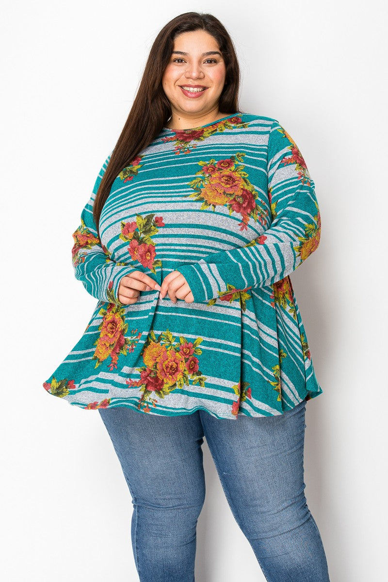 Teal Gray Stripe Floral Long Sleeve Shirt Top