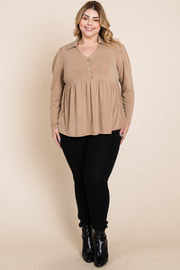 Camel Brown V Neck Button Shirt Top w Collar Detail