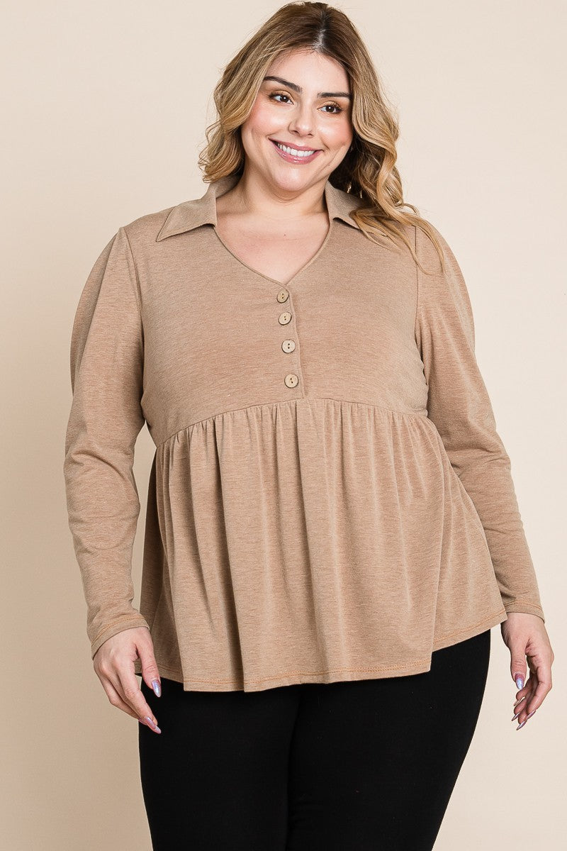 Camel Beige Button Collar Shirt Top