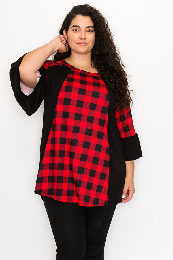 PSFU Red & Black Plaid Shirt Top w Slimming Side Piece Detail