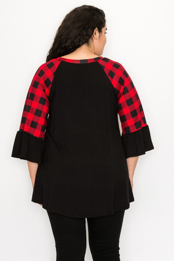 PSFU Red & Black Plaid Shirt Top w Slimming Side Piece Detail