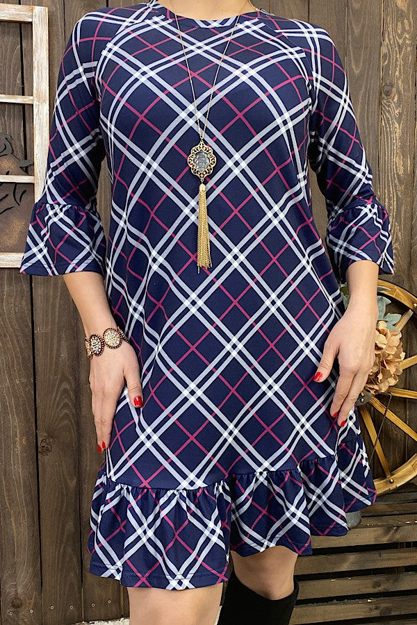 Navy Purple Plaid Dress 3/4 Sleeves Ruffle Hem Bottom