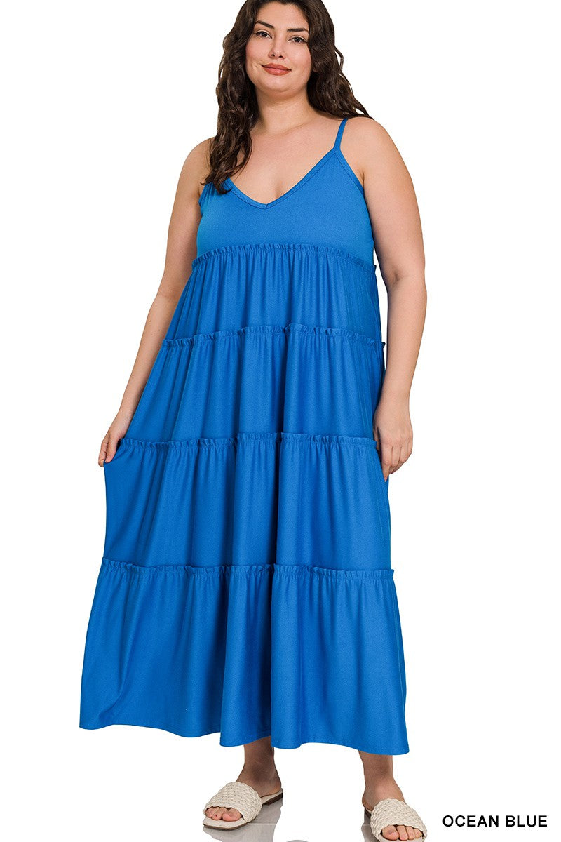 Blue V Neck Cami Maxi Tiered Dress