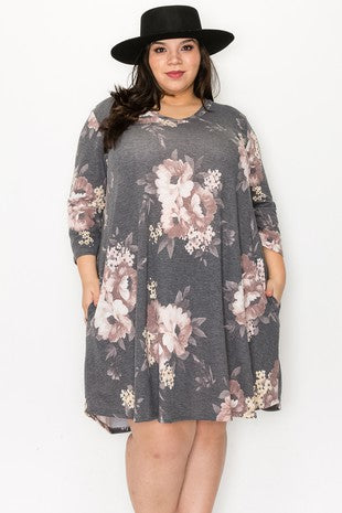 Beautiful Gray Grey Floral Dress w Pockets