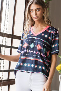 Aztec Western Navy Shirt Top w Bright Accents