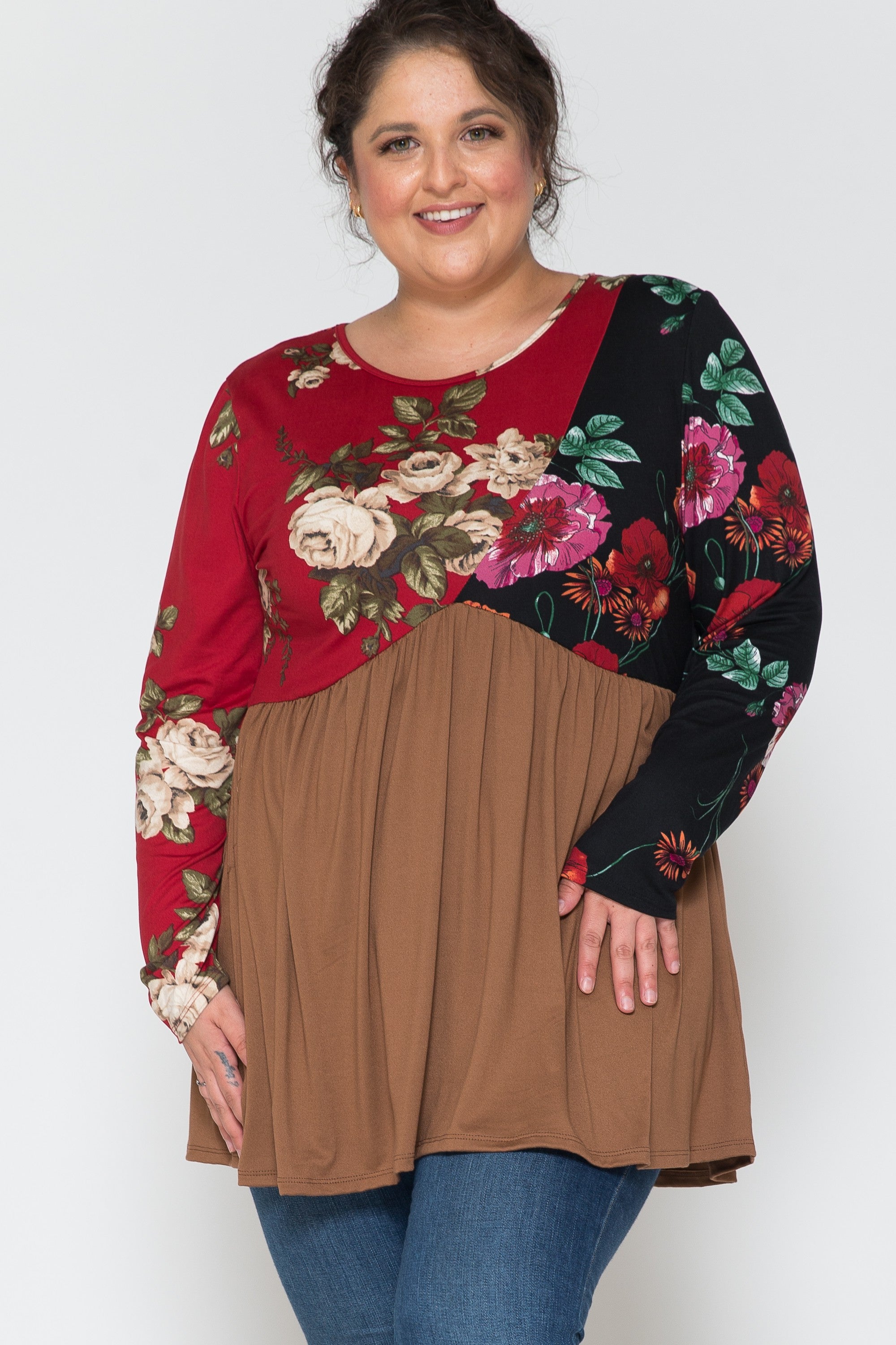Red Black Floral Brown Colorblock Shirt Top