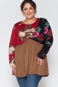 Red Black Floral Brown Colorblock Shirt Top