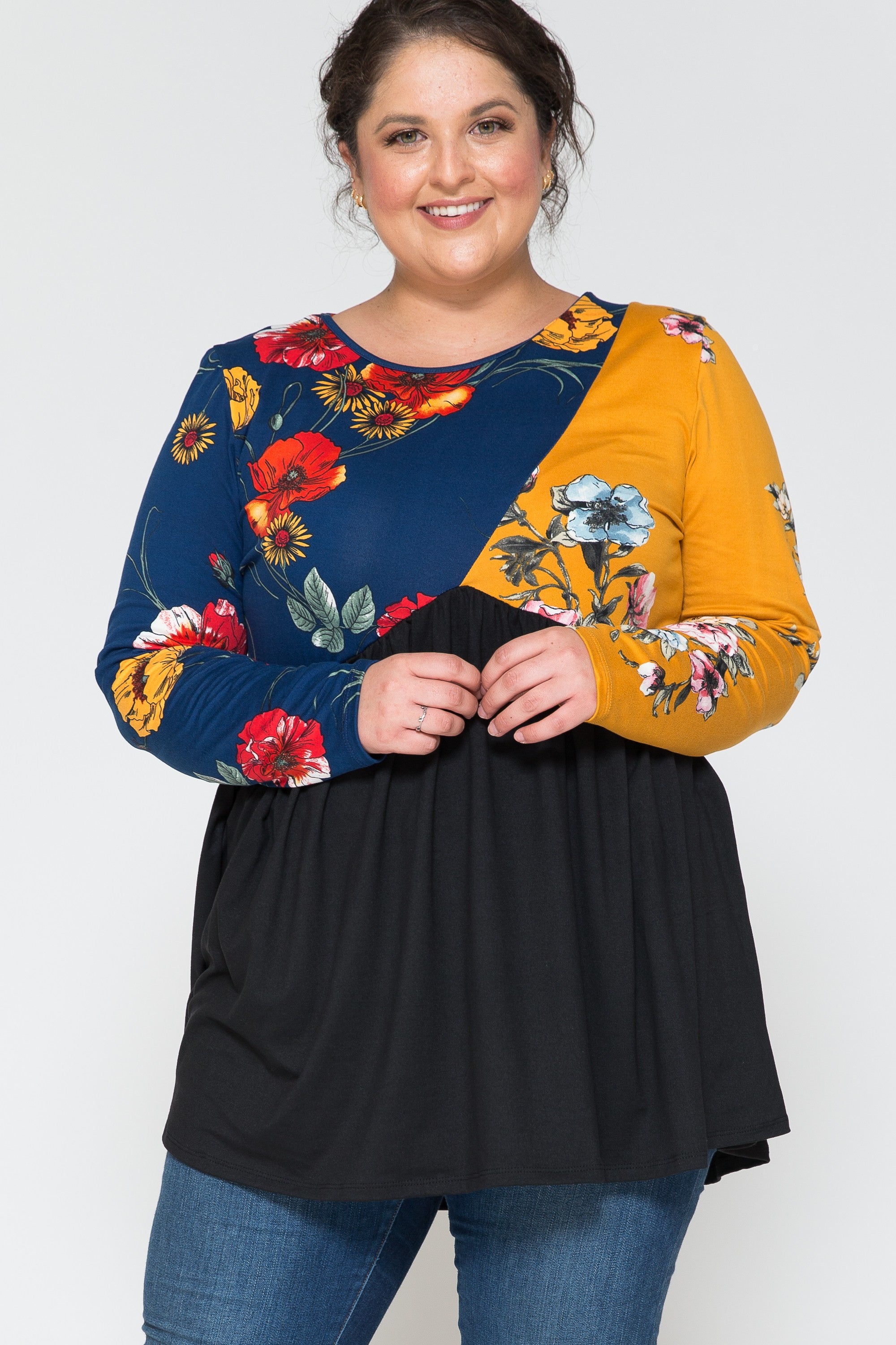 Blue Yellow Floral Black Colorblock Shirt Top