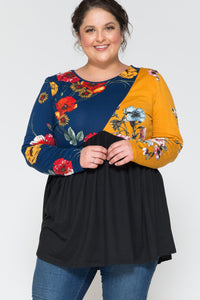 Blue Yellow Floral Black Colorblock Shirt Top