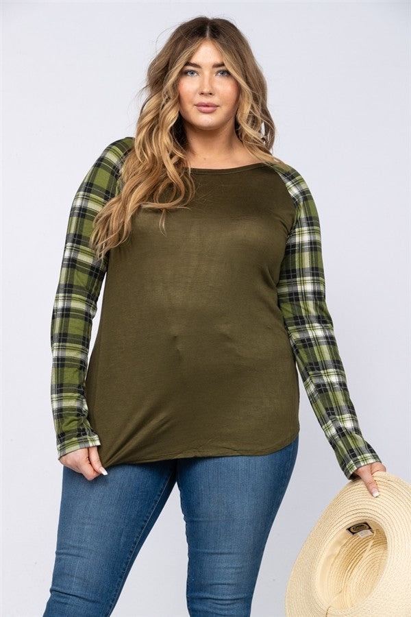 Green Shirt Top with Cute Green Plaid Sleeves
