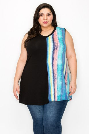 1/2 Black 1/2 Stripe V Neck Tank