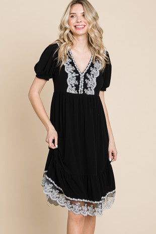 Black Dress w White Lace Accents and Trim