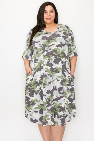 Green Gray Camo Dress Wide Sleeves & Pockets