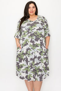 Green Gray Camo Dress Wide Sleeves & Pockets