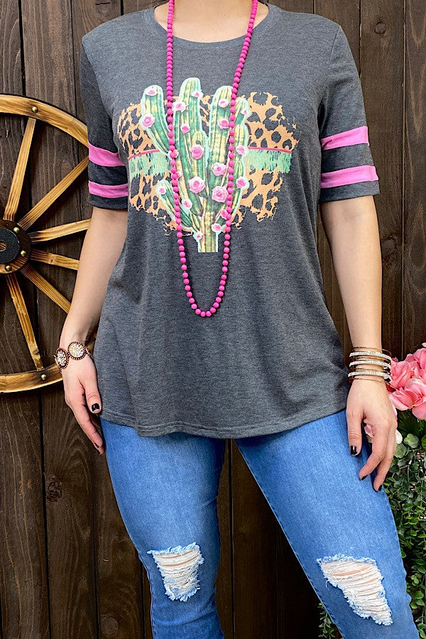 Gray Cactus Leopard Short Varsity Sleeve Shirt Top