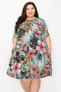 Pink Teal Tropical Floral Dress w Pockets
