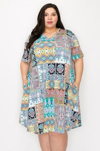 Pink Teal Patchwork Dress w Pockets
