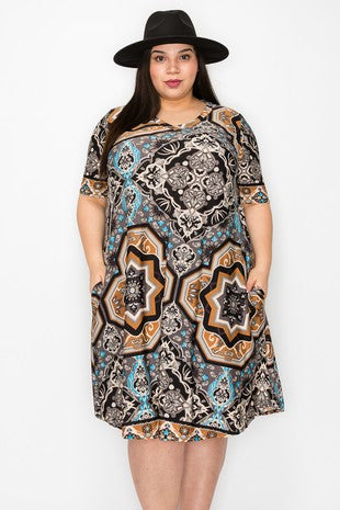 Beautiful Medallion Dress V Neck & Pockets