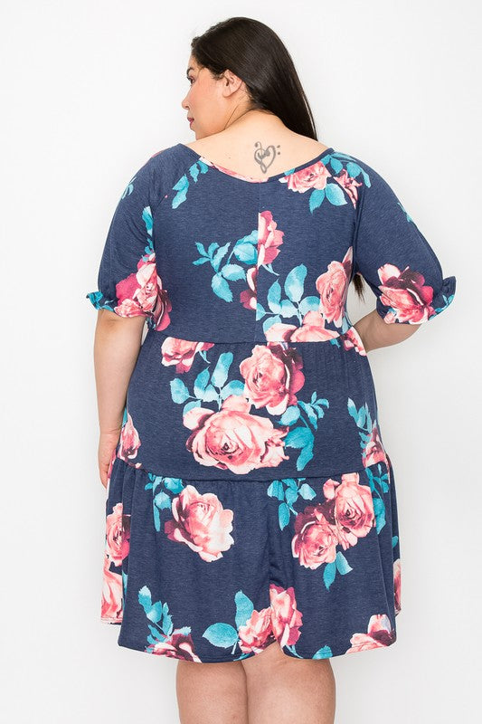 Blue Shirred Sleeves Tier Ruffle Flower Print Dress