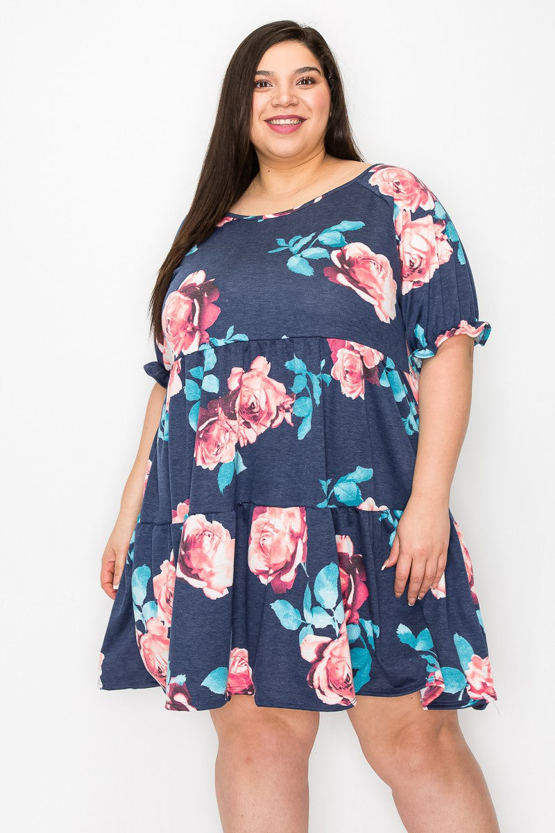 Blue Shirred Sleeves Tier Ruffle Flower Print Dress