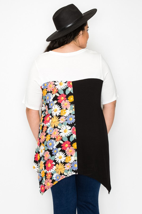 PSFU Black Floral Sharkbite Asymmetrical Shirt Top