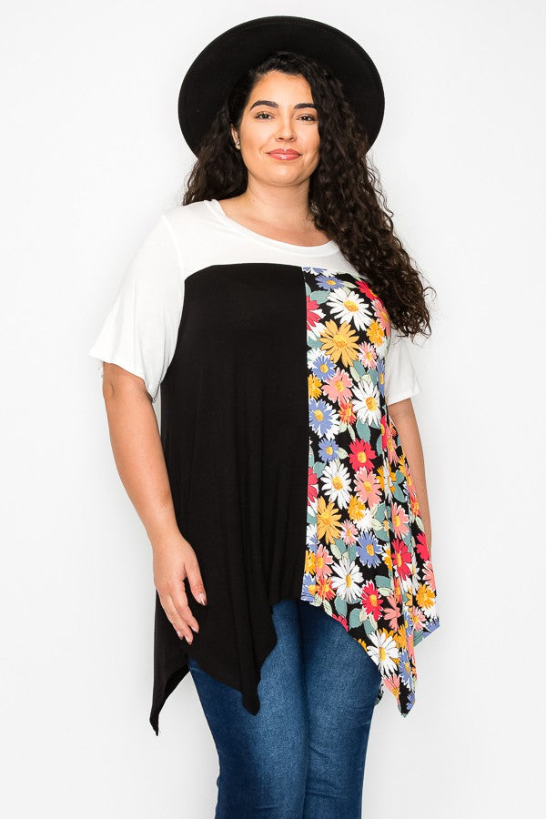 PSFU Black Floral Sharkbite Asymmetrical Shirt Top