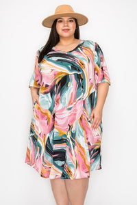 Pink Green Swirl Dress with Pockets