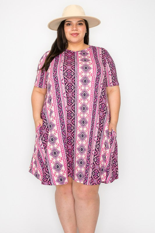 Pink Purple Aztec Dress w Pockets