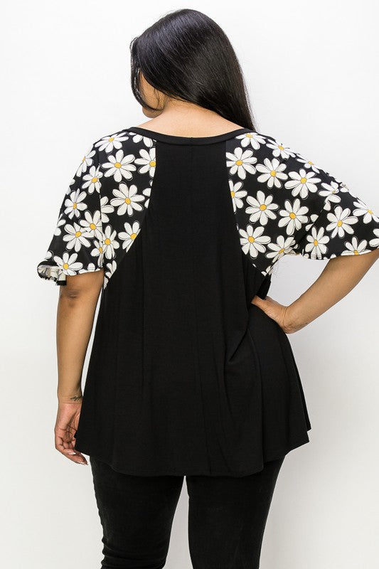 PSFU Black Shirt Top with Daisy Flower Sleeves