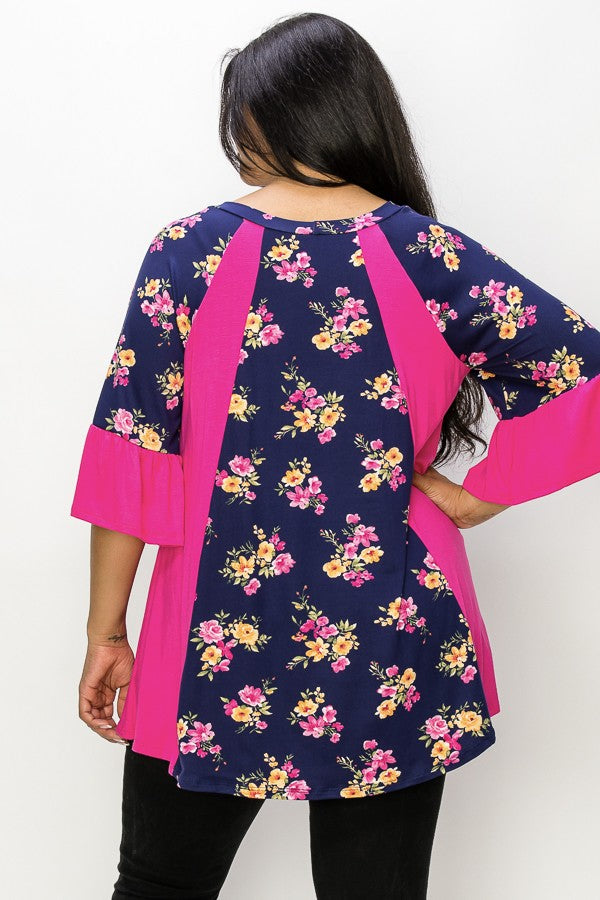 PSFU Slimming Navy Pink Floral Shirt Top