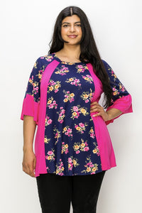 PSFU Navy Pink Floral Shirt Top w Side Contrast