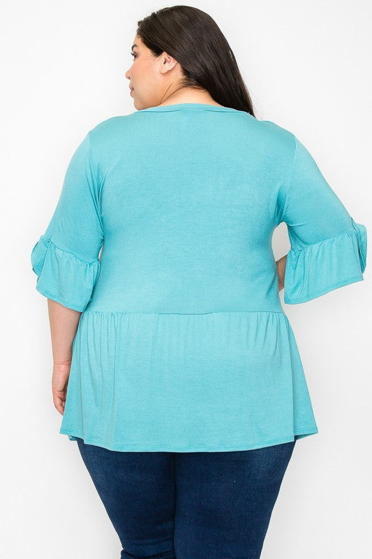 Sapphire Blue V Neck Ruffle Sleeve Shirt Top