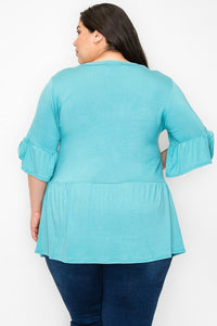 Sapphire Blue V Neck Ruffle Sleeve Shirt Top