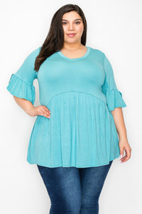 Sapphire Blue V Neck Ruffle Sleeve Shirt Top