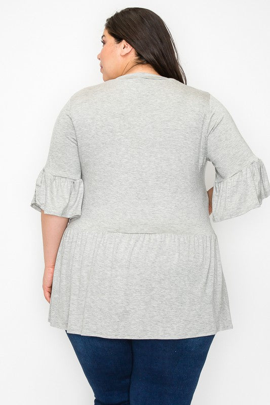 Solid Gray V Neck Ruffle Sleeves Shirt Top