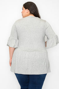Solid Gray V Neck Ruffle Sleeves Shirt Top