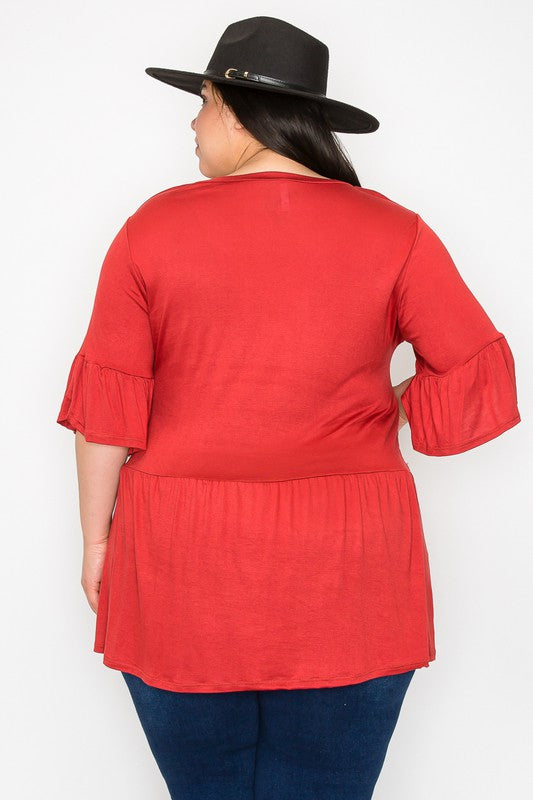 Orangey Rust V Neck Shirt Top w Ruffle Sleeve