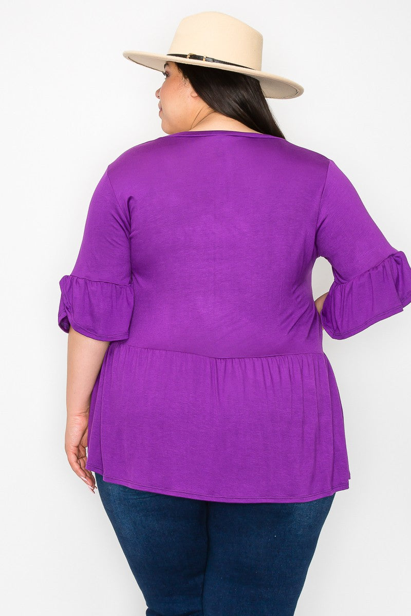 Purple V Neck Shirt Top w Ruffle Sleeves