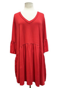 Tomato Red V Neck Shirt Top w Ruffle Sleeves