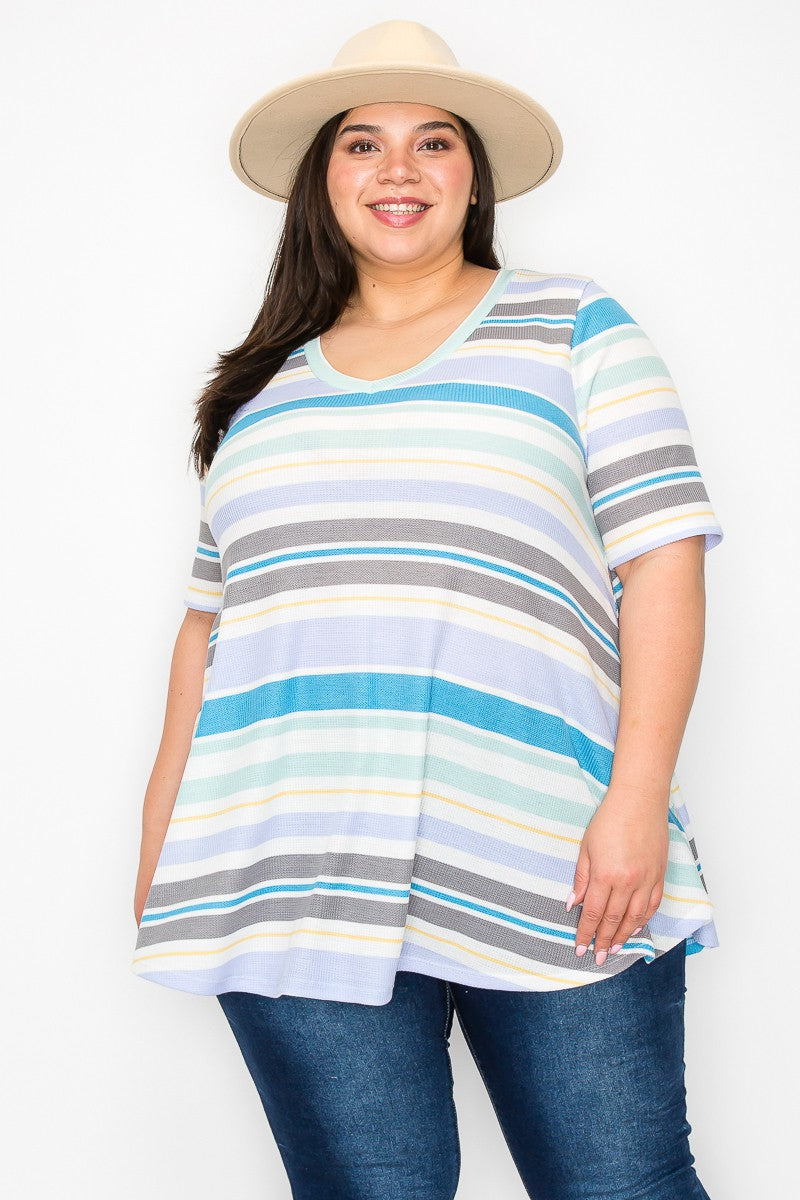 Blue Stripe Shirt Top w V neck